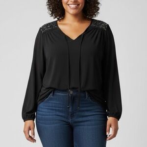 SUSAN GRAVER Artisan Black Liquid Knit Sequin Beaded Tie Front Blouse Top XL